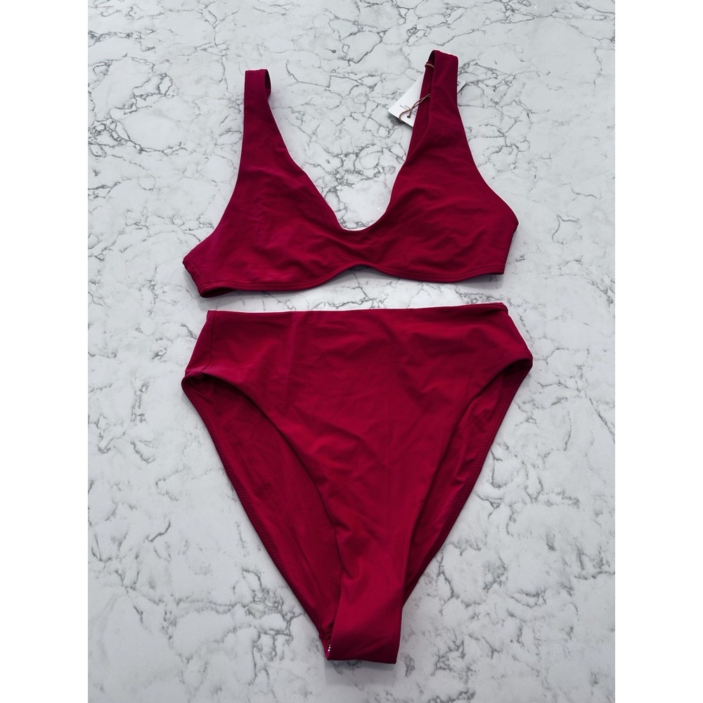 New Quince Cherry Red Italian Plunge Bikini Top & High Rise High Leg Bottom Set